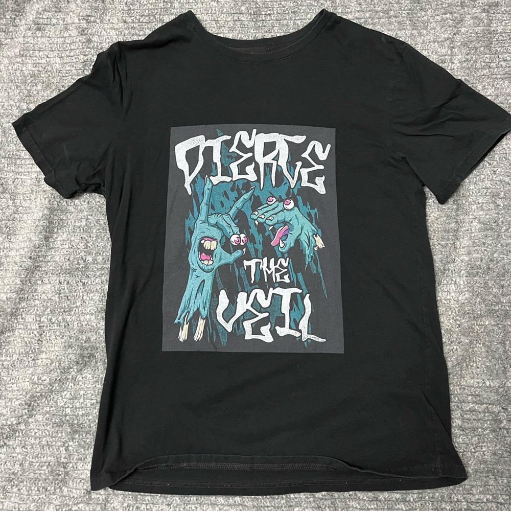 Black Graphic T-Shirt with Blue and White Design